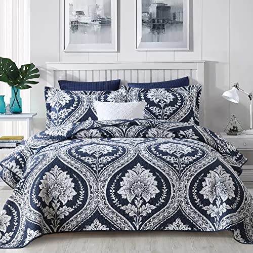 Finlonte Damask Quilt King Size, Cotton Quilt Navy White Bohemian King Quilt, Lightweight Soft King Quilted Bedspread For All Season, 3 Pieces #TOP12