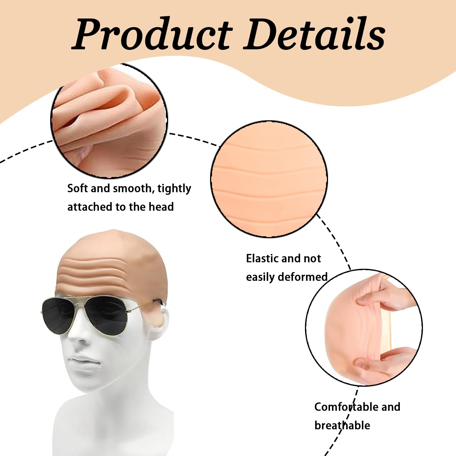 5pcs Bald Cap Adult Set, Wig Cap and Skin Tone Hair Net Ket, Sunglasses, Bald Cap, Bald Caps for Theater, and Cosplay, Easy to Use & Reusable, with 3 Hair Nets - Image 3