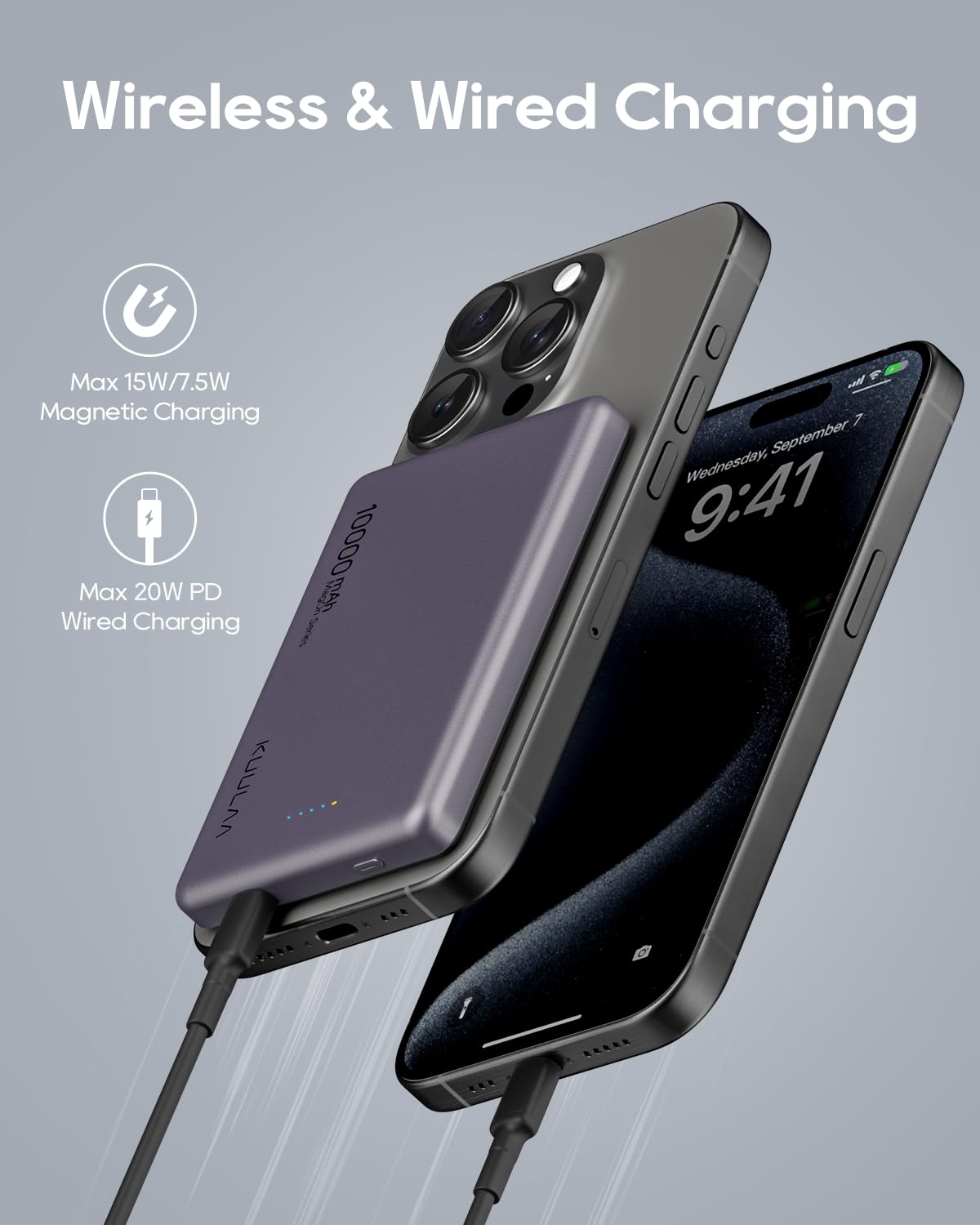 Kuulaa Power Bank Mag-Safe 10000mAh, 20W Ultra Slim Caricatore Portatile Wireless Magnetico, Magnetico Powerbank Battery Pack Ricarica Rapida per iPhone 15 14 13 12 Pro Max Mini