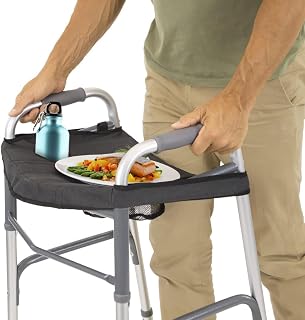 Vive Walker Tray for Folding, Standard Walkers (with Basket) - Universal Medical Supplies Equipment Attachment Table with Cup Holder - Durable Disability Rolling Accessories - for Seniors, Women, Men