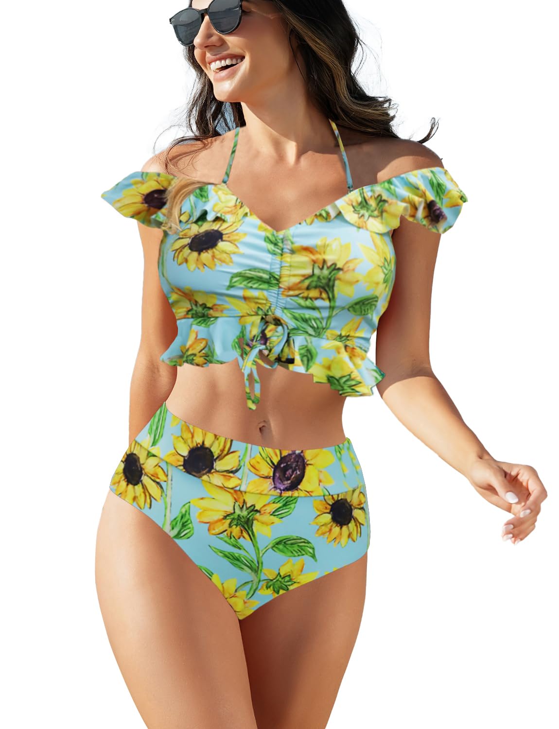 JFAN Trajes de Baño para Mujer Top Corto con Cuello Halter y Volantes Bañador de Colores con Hombros Descubiertos