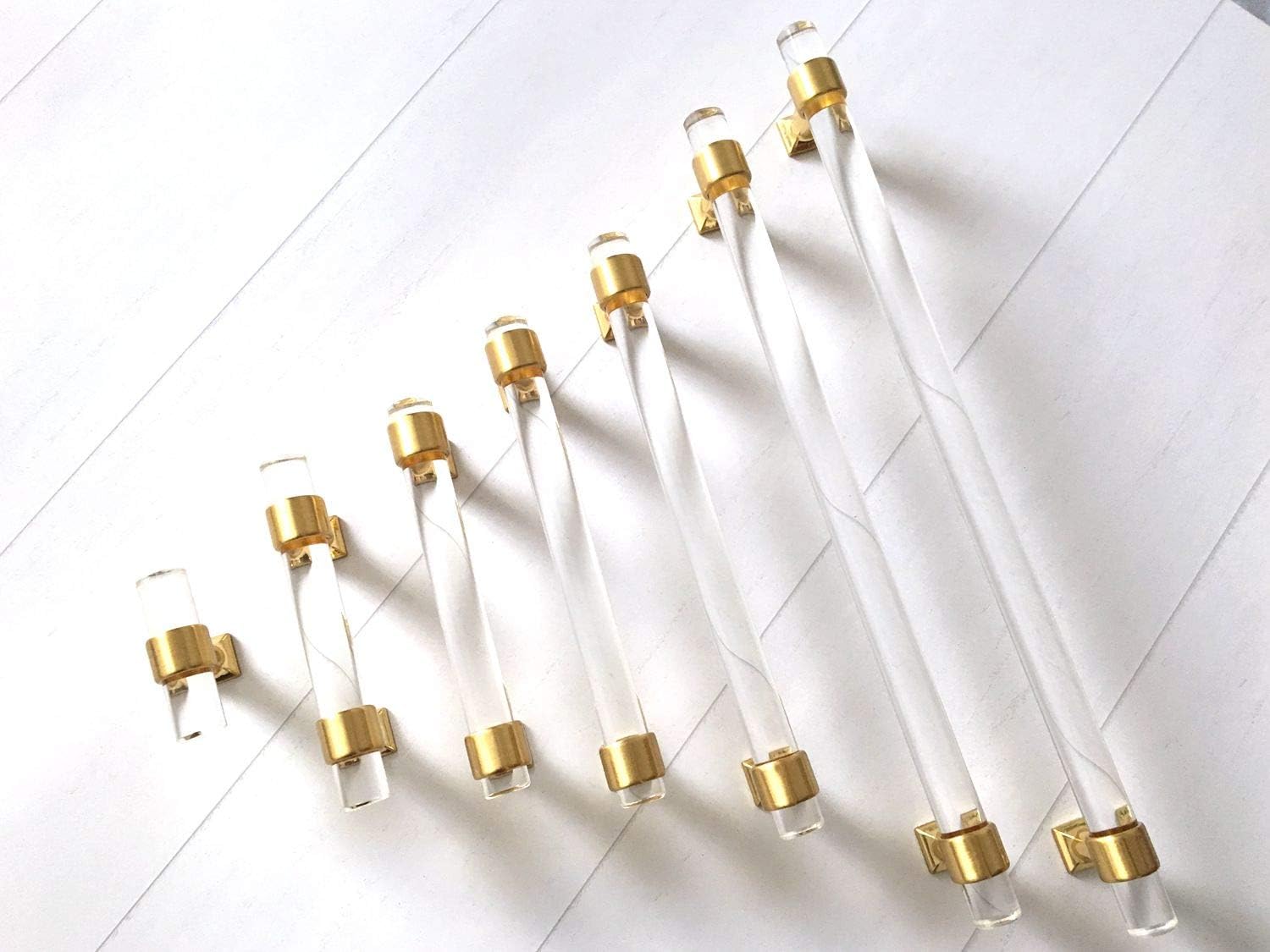 1 Inch C-C (1 inches Centers) Lucite Handles Acrylic Cabinet Handle Brushed Gold Brass Knob Drawer Pull Kitchen Hardware Clear 25 mm Centers