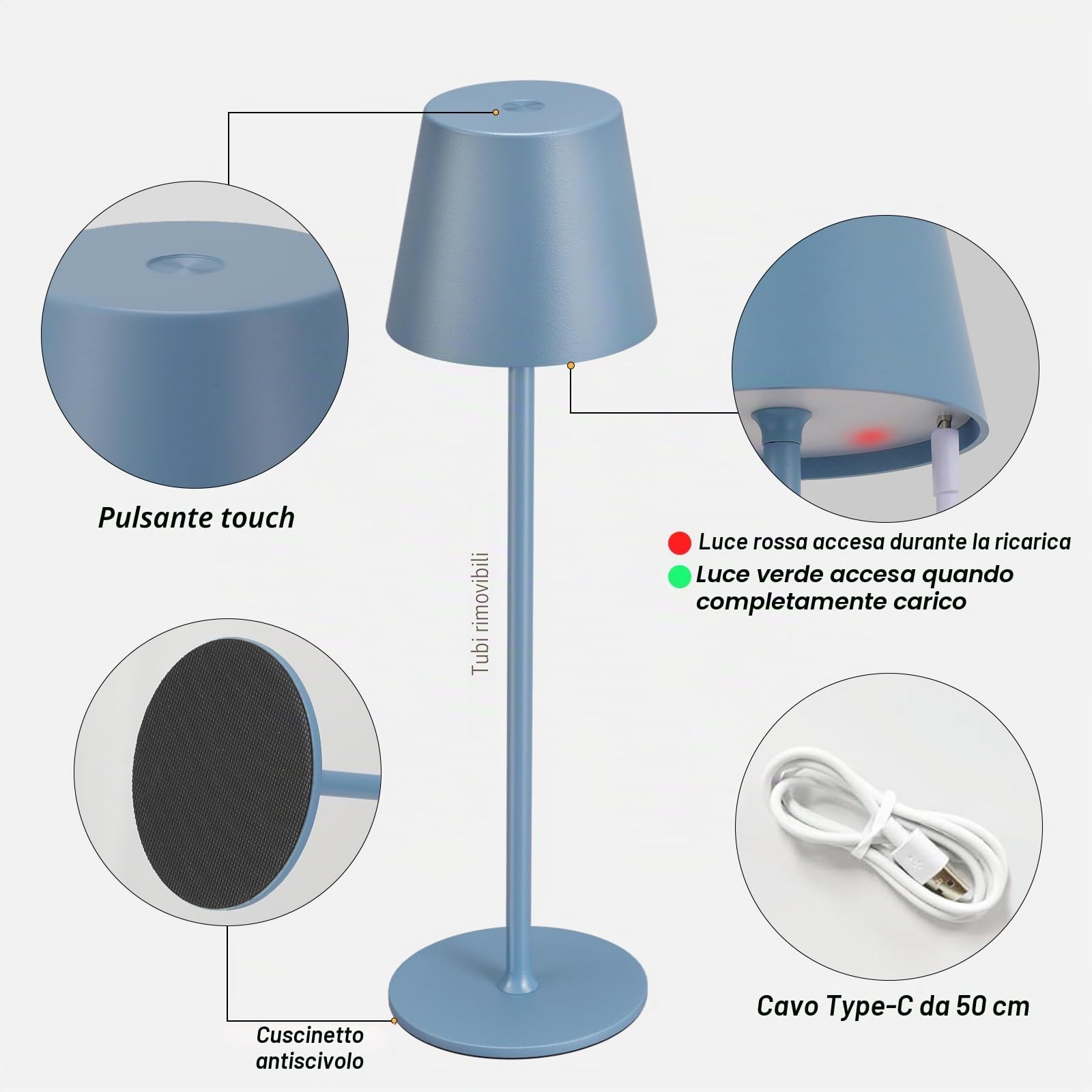 2 Pezzi Lampada da Tavolo Senza Fili, Touch Dimmerabile, 3 Modalità di Colore, Lampada da Comodino LED Ricaricabile per Camera da Letto, Soggiorno, Campeggio all'aperto Esterno(Blu)