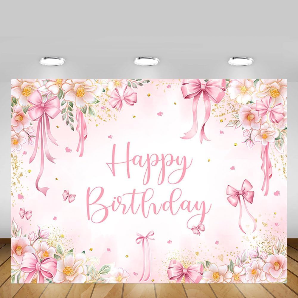 MEHOFOND Pink Bow Birthday Backdrop Floral Girl Birthday Party Decorations with Bow Sprinkle Girl Pink Bow Photography Backgroun Banner Sign Photo Booth Props 8x6ft