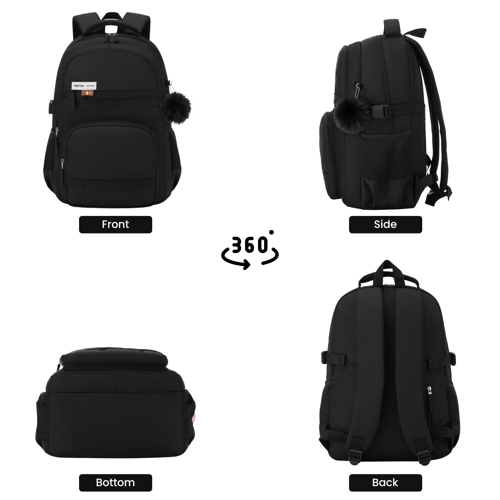 YAMTION Sac à dos noir pour homme et femme, sac à dos de voyage pour ordinateur portable de 15,6", sac d'école avec grande capacité, sac à dos décontracté pour adolescents, garçons et filles, collège