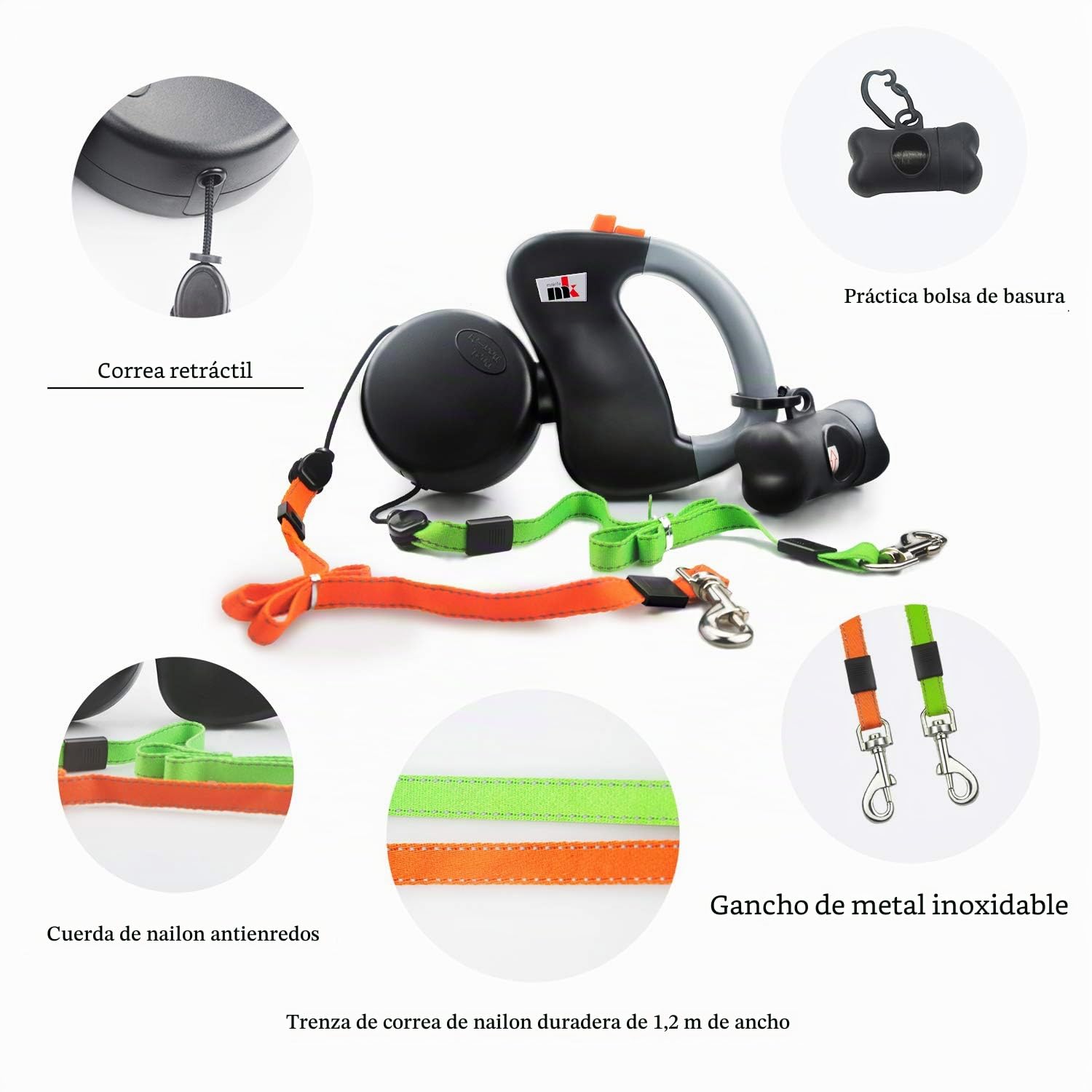 Correa retráctil doble para perro, correa reflectante de 360 grados, sin enredos, sistema de bloqueo automático, 50 lb/22,75 kg, 3 m