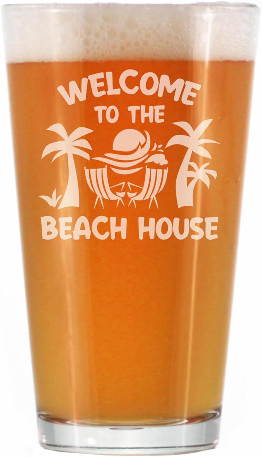 Bevvee Welcome To The Beach House - Pint Glass for Beer - Coastal Decor for Home - Set of 2-16 oz Glasses