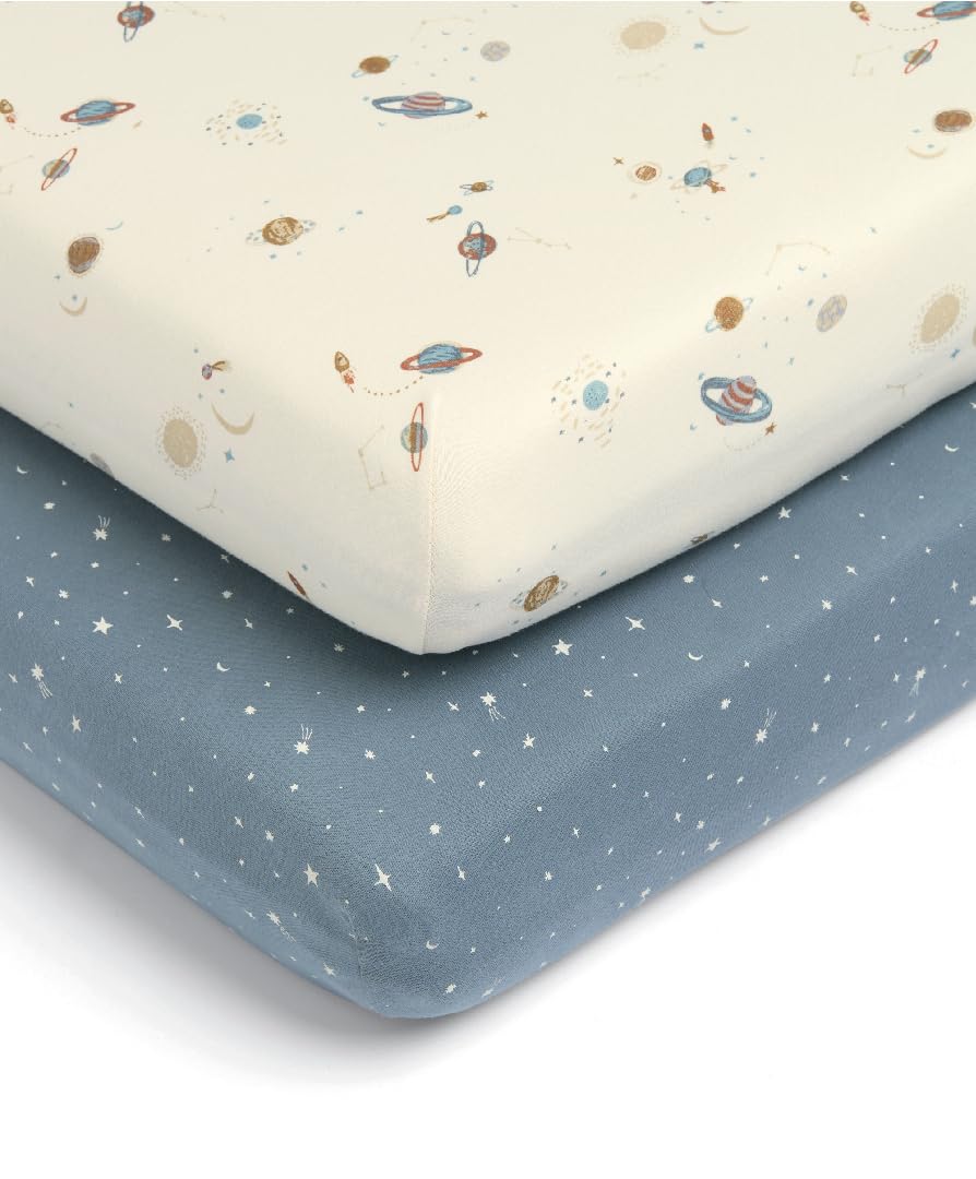 Mamas & Papas 2 Pack Cot/Bed Fitted Sheets, Planet/Blue Star (142x70x19cm), 70 cm x 142 cm x 19 cm