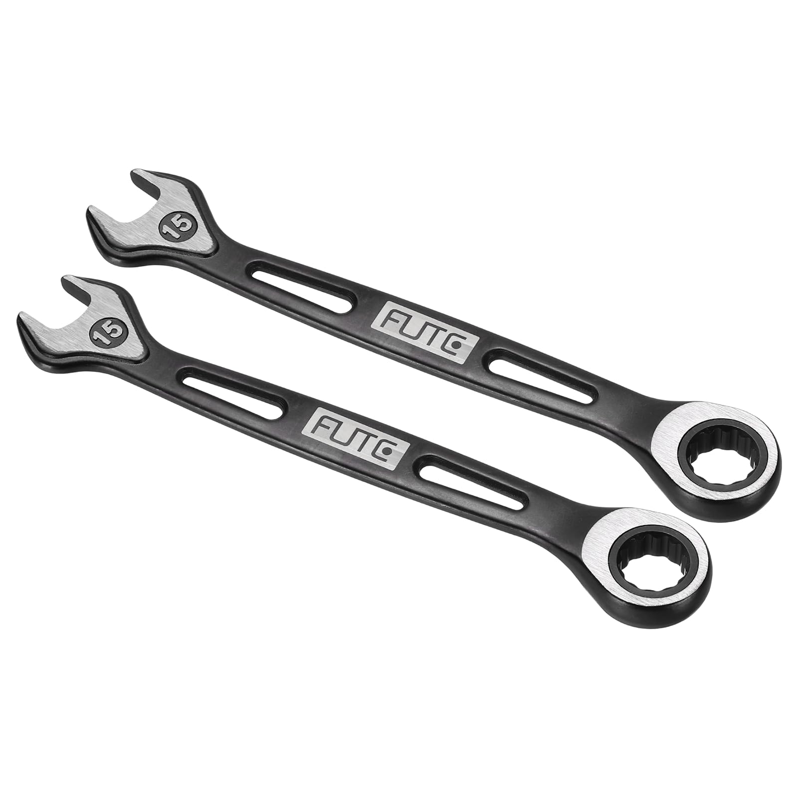 sourcing map 2Pcs Ratcheting Combination Wrench 15mm Stubby Wrench Metric High Carbon Steel Double 12-Point Box Open-Ended Ratchet Spanner Tool for Household Garage Workshop Auto Repairs, Black