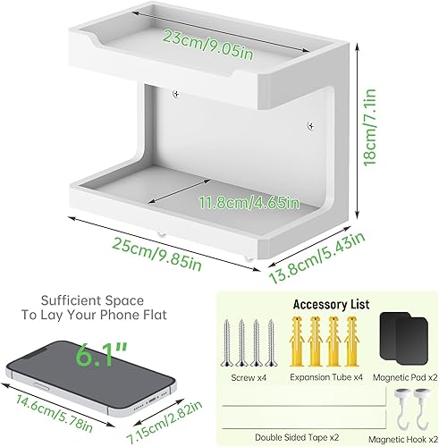 Miniatura 3 de NiHome Organizador grande de mesita de noche de madera para montar en la pared, estantes de almacenamiento dobles y ganchos magnéticos, estante de