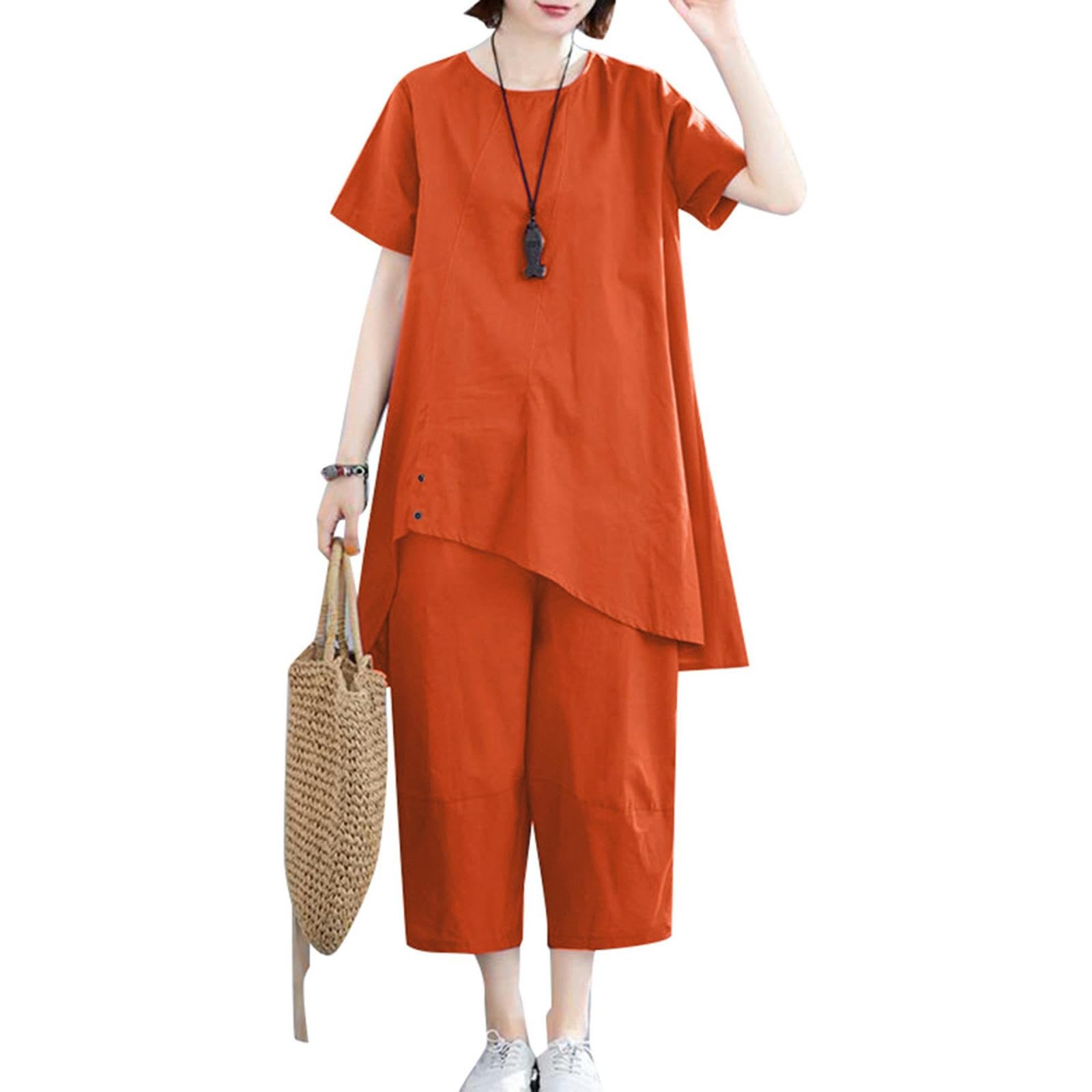 Costume pour femme en orange 3XL avec haut col rond et pantalon ample à jambes larges