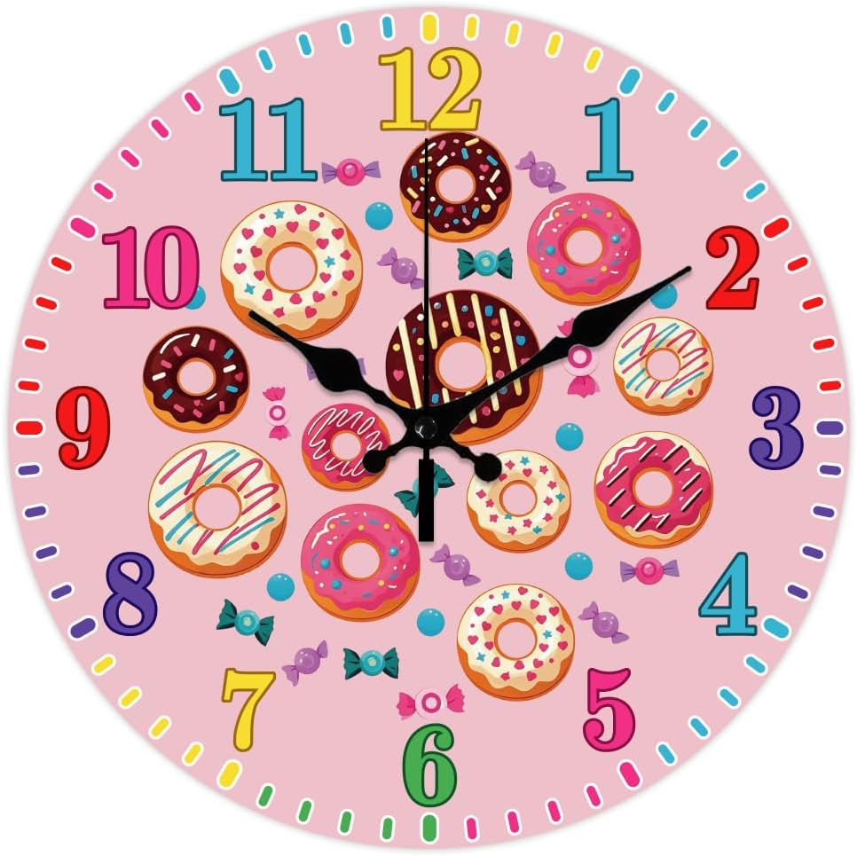 CHGCRAFT Donuts Candy Pattern Wall Clock 12 Inch Non-Ticking Colorful Text Clocks Round Wall Hanging Clock Battery Operated for Bedroom Living Room Kitchen Office