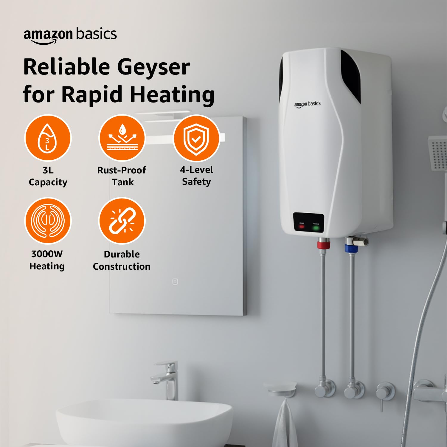 Amazon Basics 3L Instant Water Heater | 3KW | Geyser with PP Body & SS Tank | Corded Electric | Rust Proof | 4 Level Safety | White
