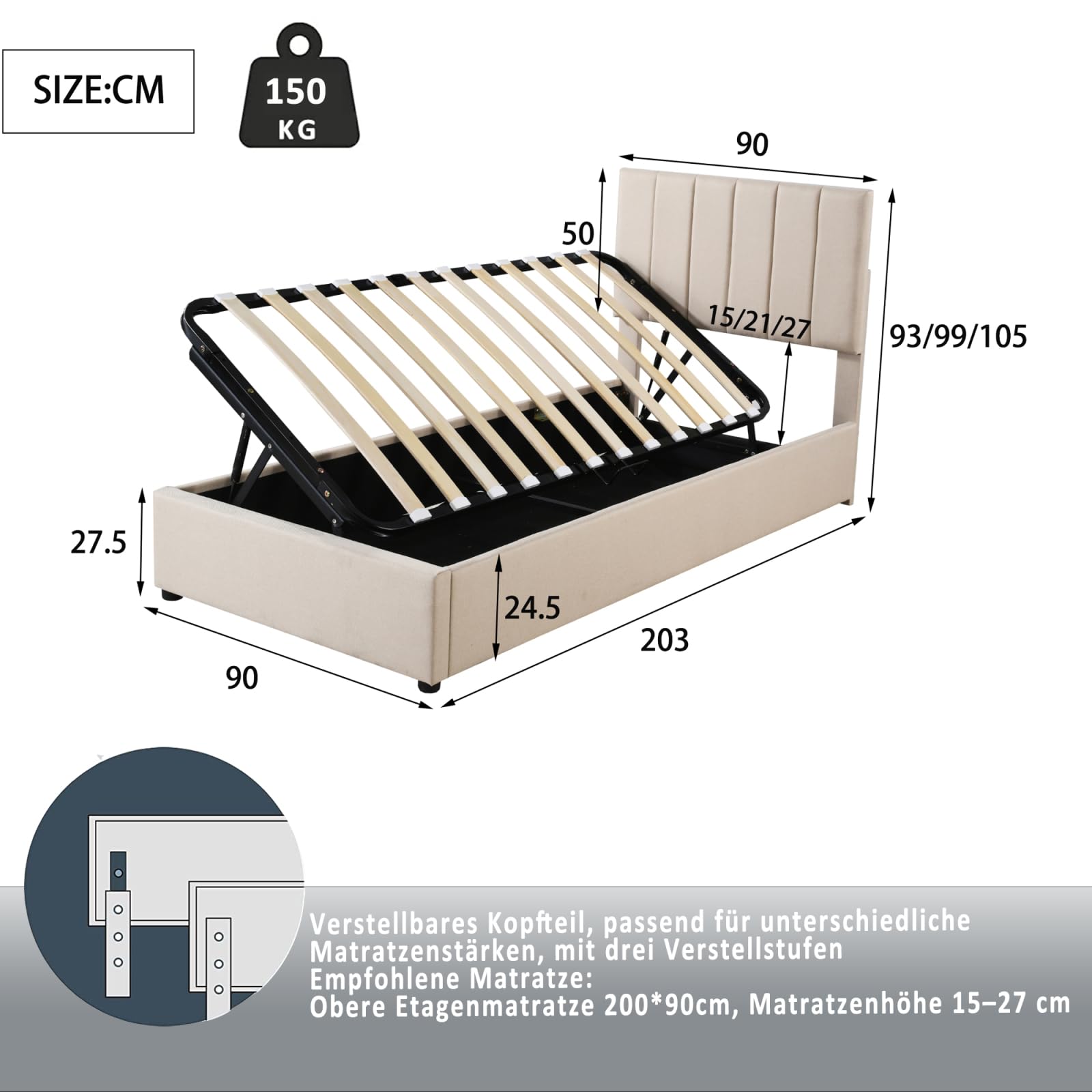 BestAlice Letto per bambini 90x200 cm, letto singolo imbottito 90x200 cm con rete a doghe, testiera regolabile, letto contenitore idraulico alto in lino beige delicato sulla pelle