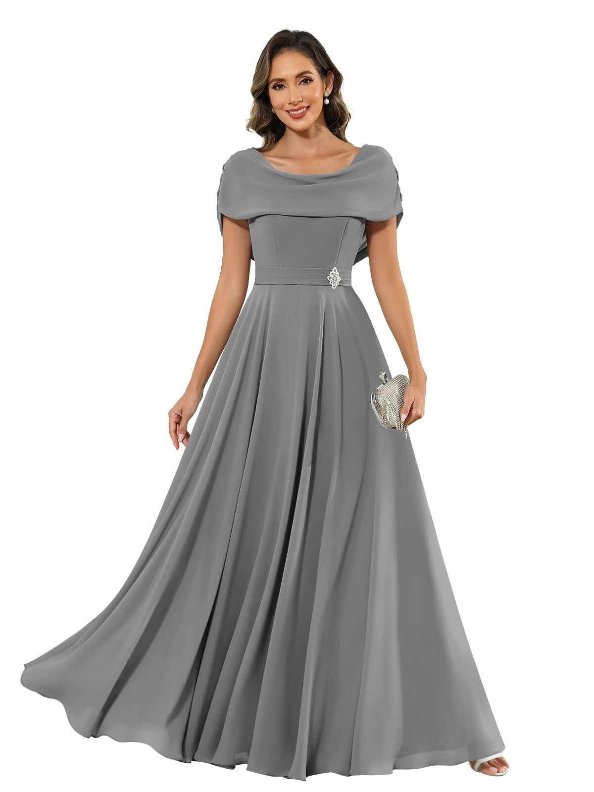 PAVERJER Mother of The Bride Dresses for Women with Cape Long Beaded Scoop Neck A Line Chiffon Formal