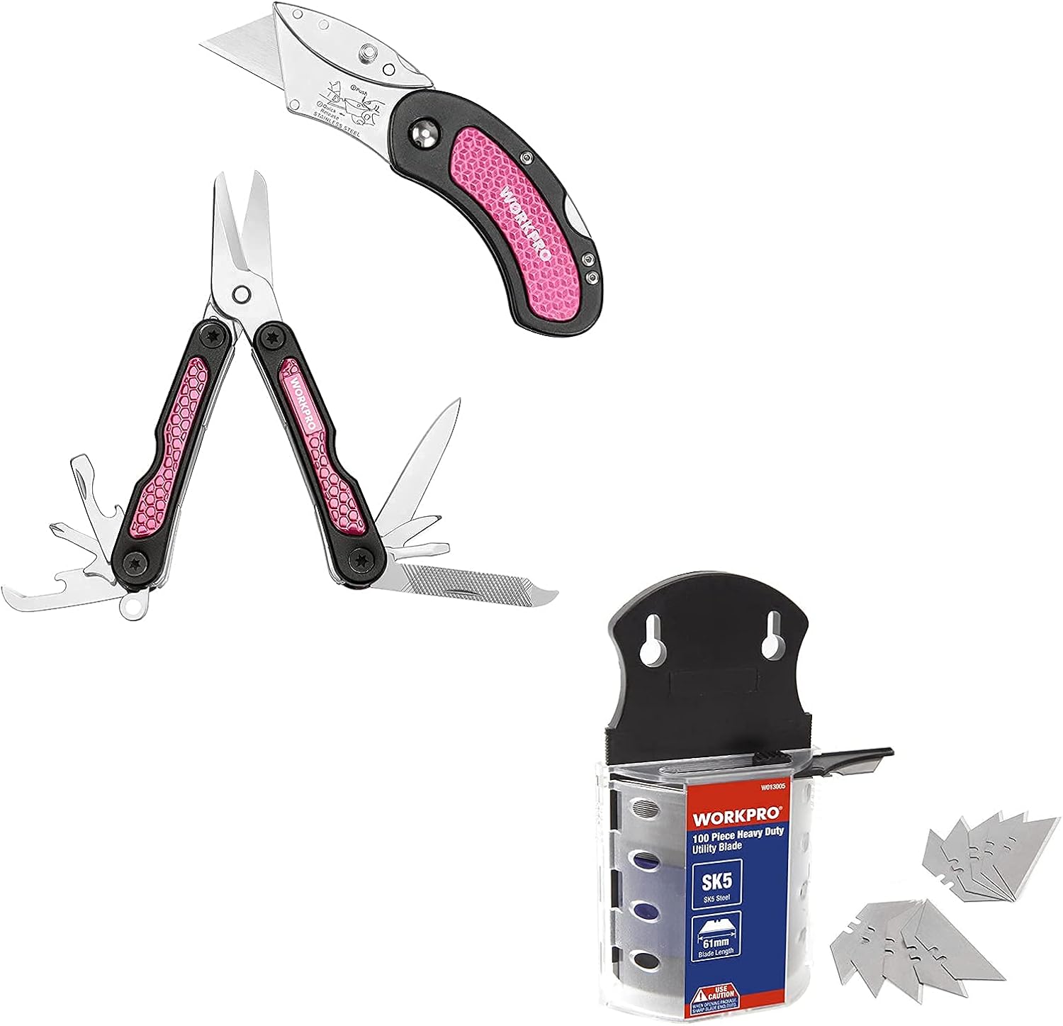 WORKPRO Utility Knife Blades, 100pack with Dispenser and Pink Utility