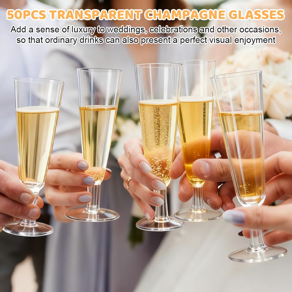 50 Pz Bicchieri da Champagne in Plastica Riutilizzabili, Calici Champagne Trasparenti da 150 ml, Bicchieri da Cocktail con Steli Rimovibili per Feste, Matrimoni e Natale