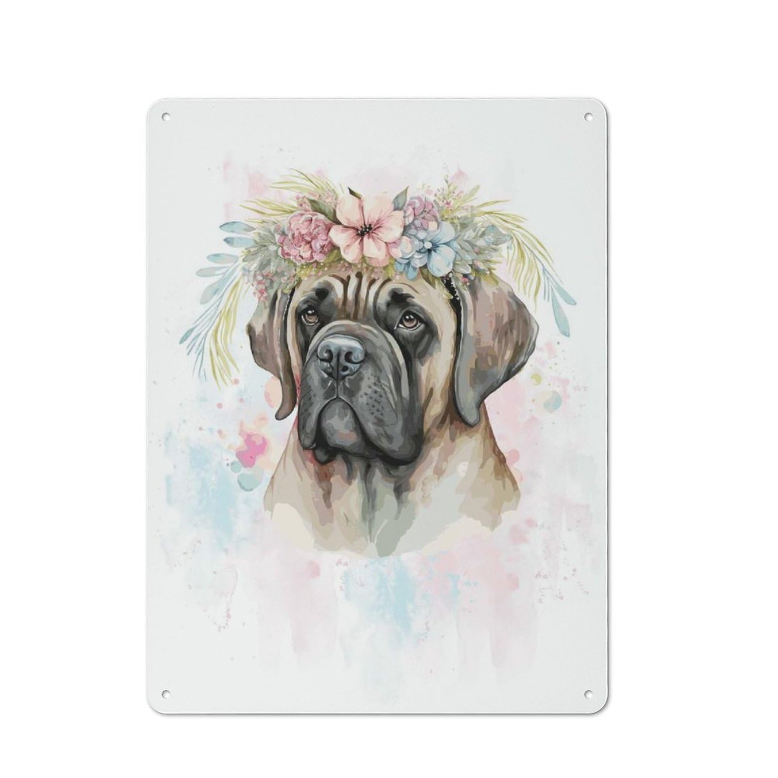 Junmoney Style-15 Floral English Mastiff Art Vintage Tin Sign 40X30cm For Home Office Or Studio, For Vintage Wall Decor Fans, For Cafés, Pubs And Restaurants