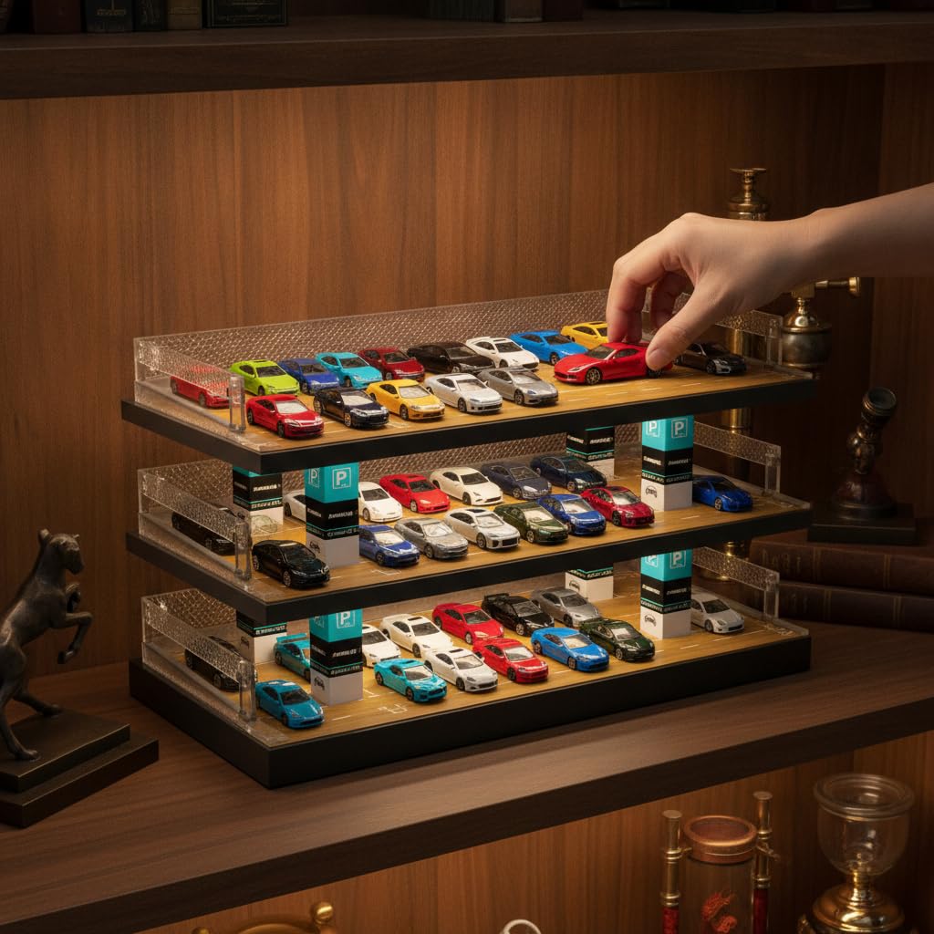 Garage per auto modellini 1:64, Diorama Parcheggio a 3 Livelli con Illuminazione LED, Vetrina Espositiva per Auto Diecast