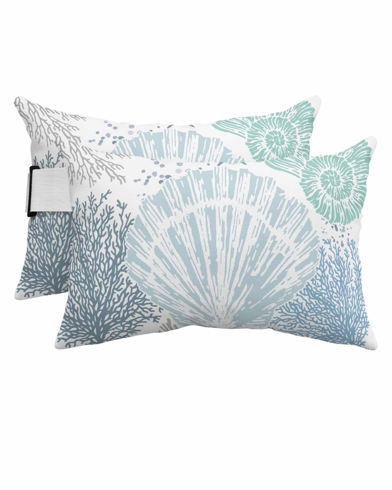 Anzona Pack of 4 Shell Coastal Lumbar Pillow Covers, Outdoor Waterproof Throw Pillow Covers Set, Teal Blue Starfish Nautical Summer Beach Decorative Cushion Case for Patio Beach, 11x16 Inch