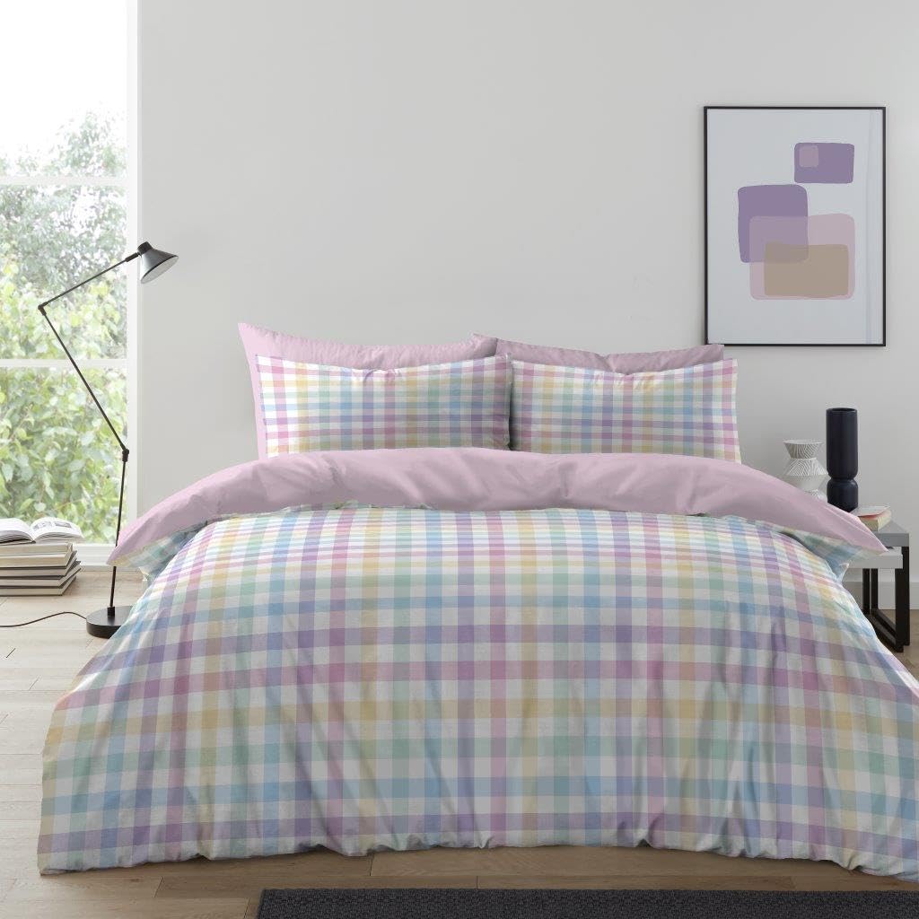 Gc Gaveno Cavailia Pastel Gingham Check Double Duvet Set - Microfiber Tartan Check Bedding Double Bed Set With Pillow Cases - Hypoallergenic & Machine Washable Reversible Quilt Covers Bed Set,