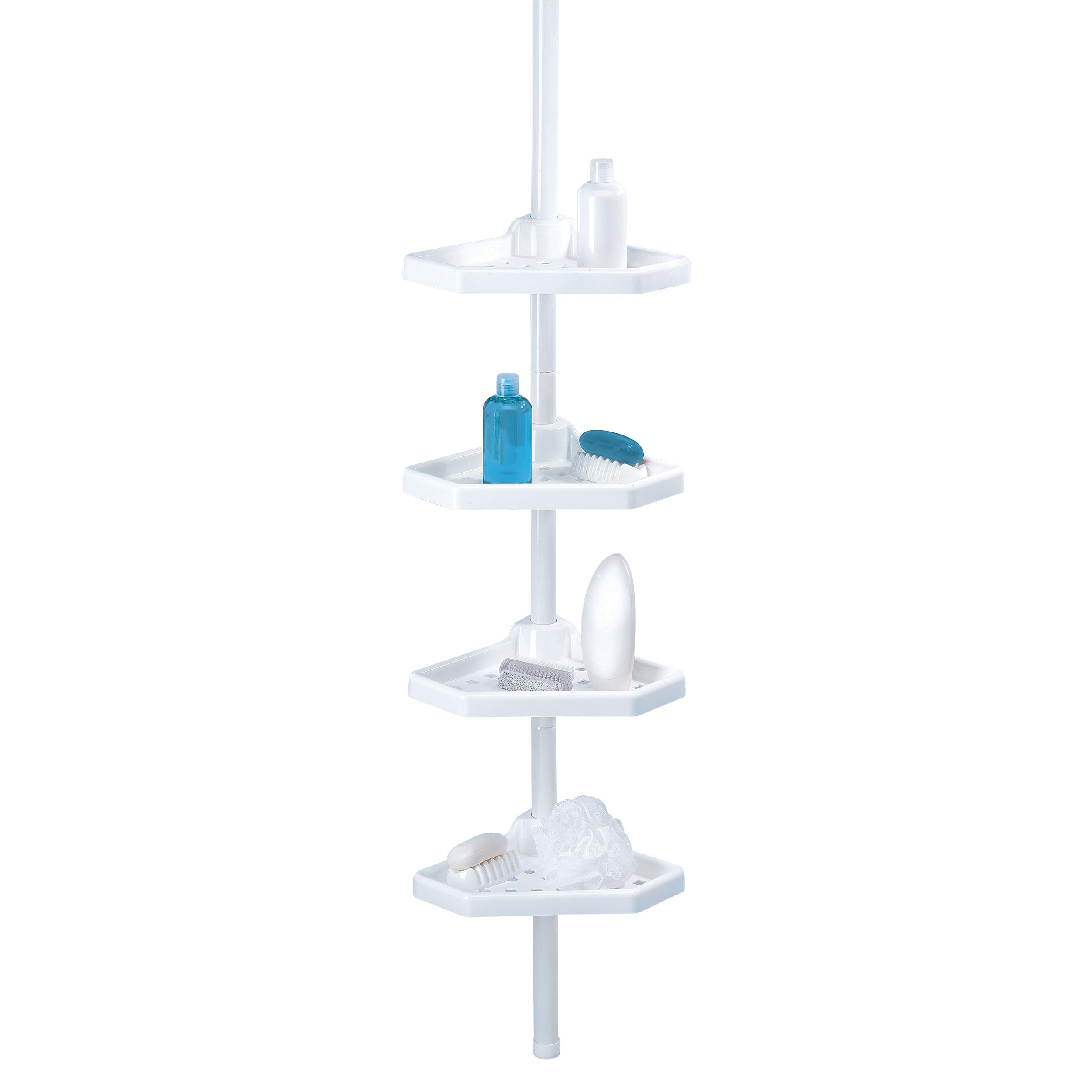 MSV Teleskop Badregal Duschecke Duschregal 4 Ablagen und Haken für Badeschwämme und Rasierer Höheverstellbar von 135 and 260 cm, White