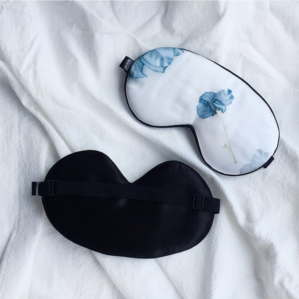 Masque De Sommeil Eyes Masque Silk Impression Bleu Fleurs sur Blanc Sleeping Masque Soft Double Band Bandeau Bandeau Eyepatch Night Mask Masque De Nuit Sommeil
