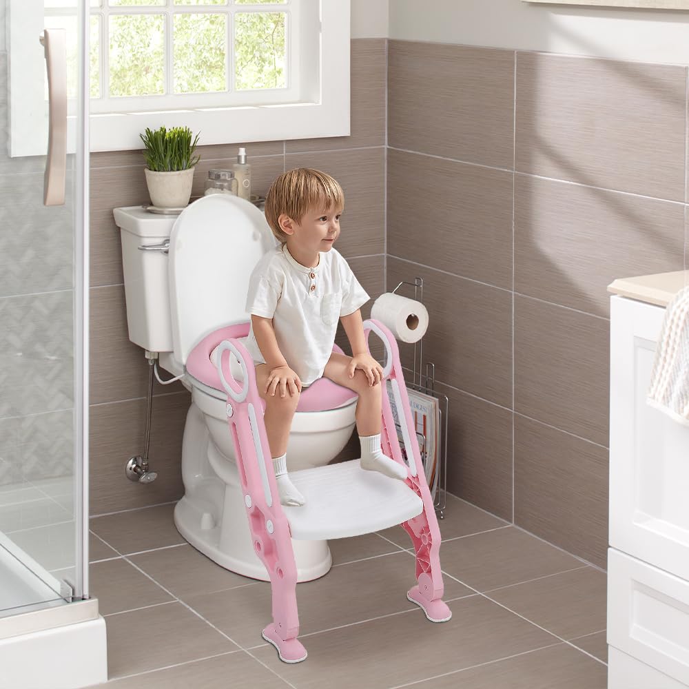 Homewell Riduttore WC per bambini con scala, sedile WC per bambini per ragazze e ragazzi, pieghevole e regolabile, sgabello per scale, adatto per WC a forma di V, U, O