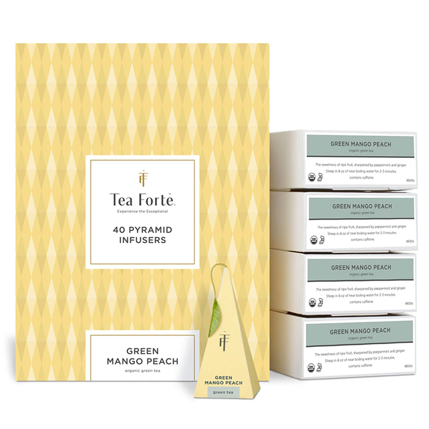 Tea Forte Green Mango Peach | Packung mit 40 Aufgusspyramiden | Grüner Bio-Tee