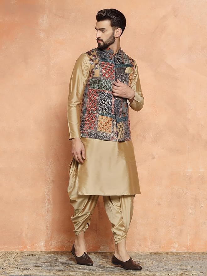 Image of Kisah Men's Cotton Printed Jacket Set with Nehru Jacket Regular Fit | Designer Ethnic Layering | Wedding & Occasion Wear