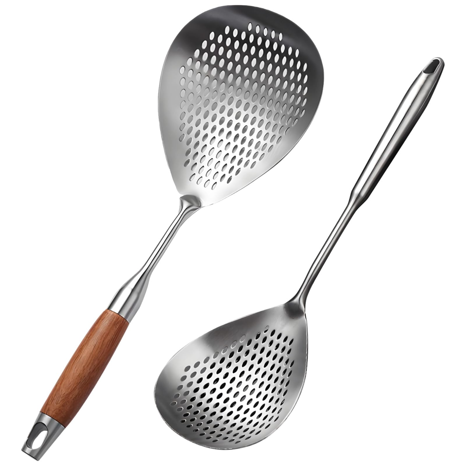 2 Stk. Schöpflöffel mit Schlitz, Frittier-Siebkellen mit Holz- und Edelstahlgriff, Ölsieb-Löffel zum Frittieren, für Nudeln, Teigtaschen und Kochen, für Küche und Alltag