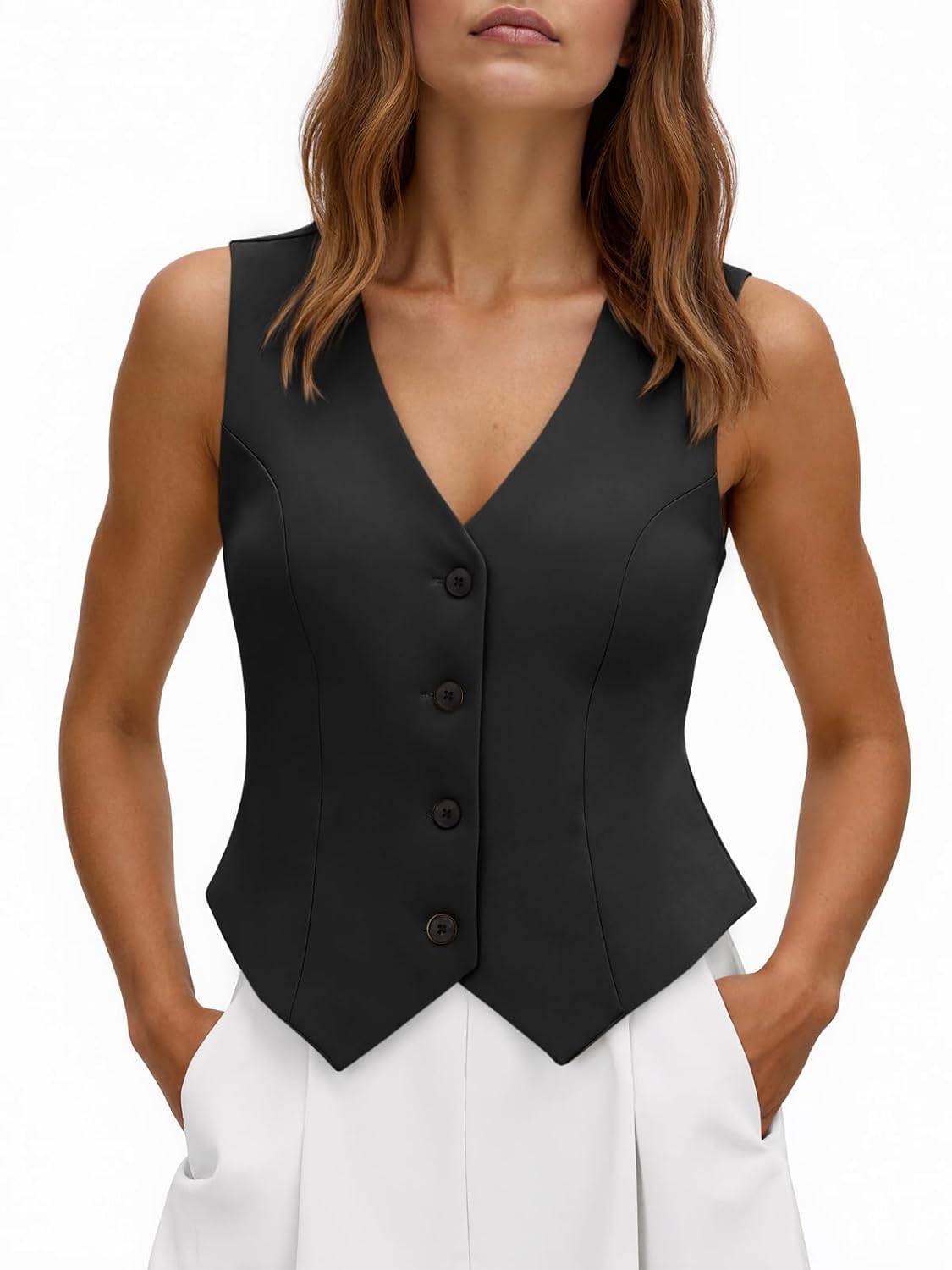 Tankaneo Womens Cropped Blazer Vest Tops Sleeveless V Neck Fitted Waistcoat Button Up Business Casual Vest Shirts