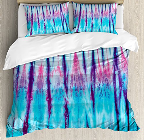Ambesonne Ethnic Duvet Cover Set, Close up of Vertical Gradient Tie Dye Effect Hippie Alter Life Retro Artwork Print, Decorative 3 Piece Bedding Set with 2 Pillow Shams, Queen Size, Blue Pink