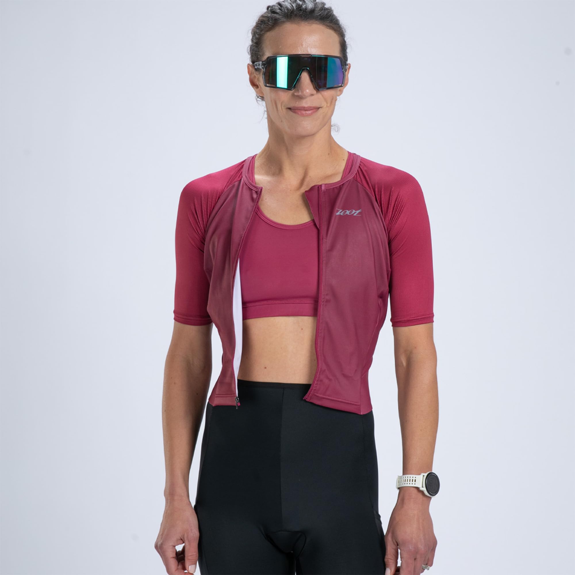 Zoot Damen Core Tri Aero FZ Racesuit kurzärmelig Triathlon-Anzug Plüsch-Chamois Race Day Storage