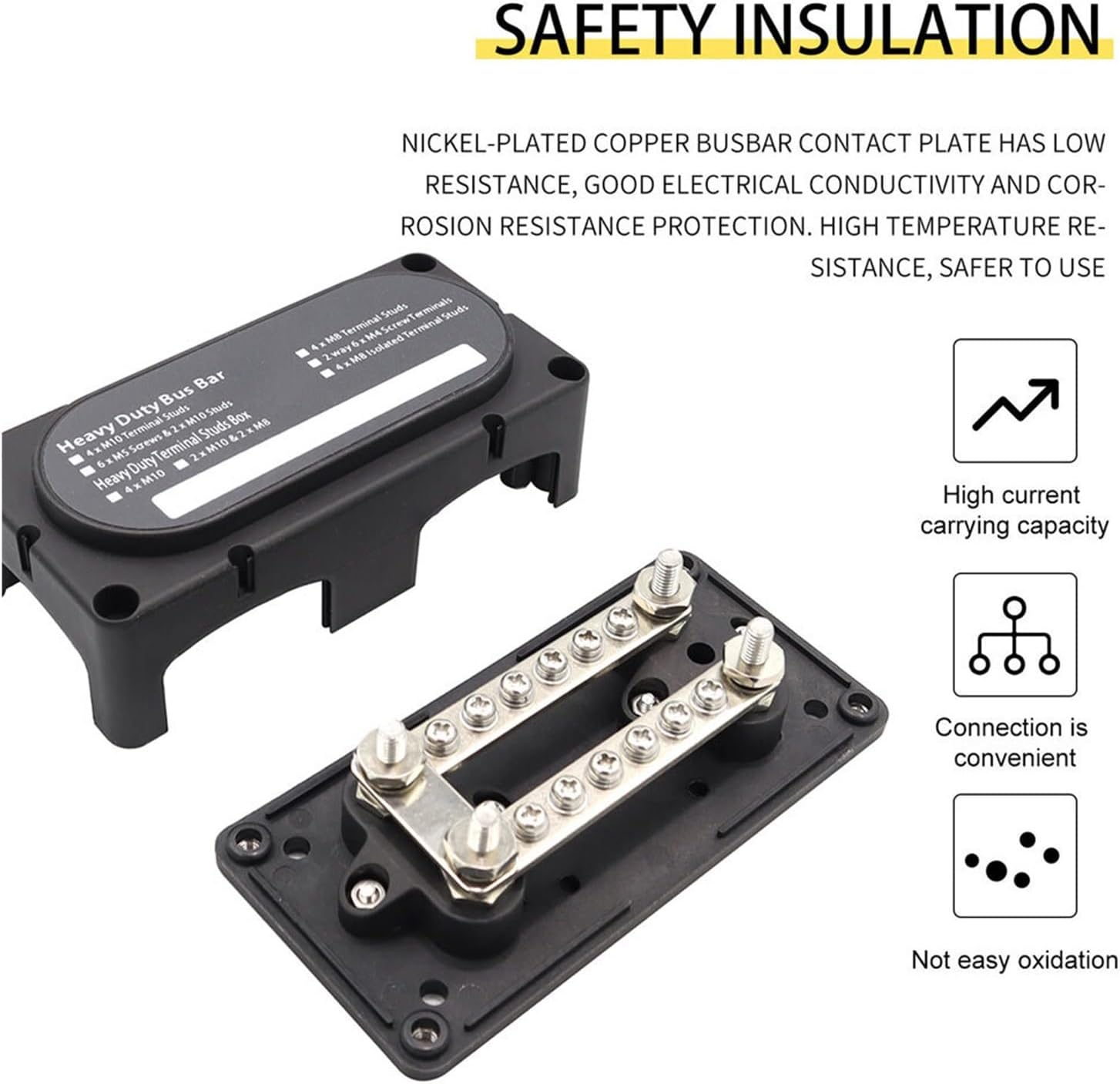 300A 48V DC Busbar Box 4/12 Terminal M10/M6 Studs Module Design Power Distribution Block for Car RV Truck Marine Boat Vehicles(Black 4 M10)