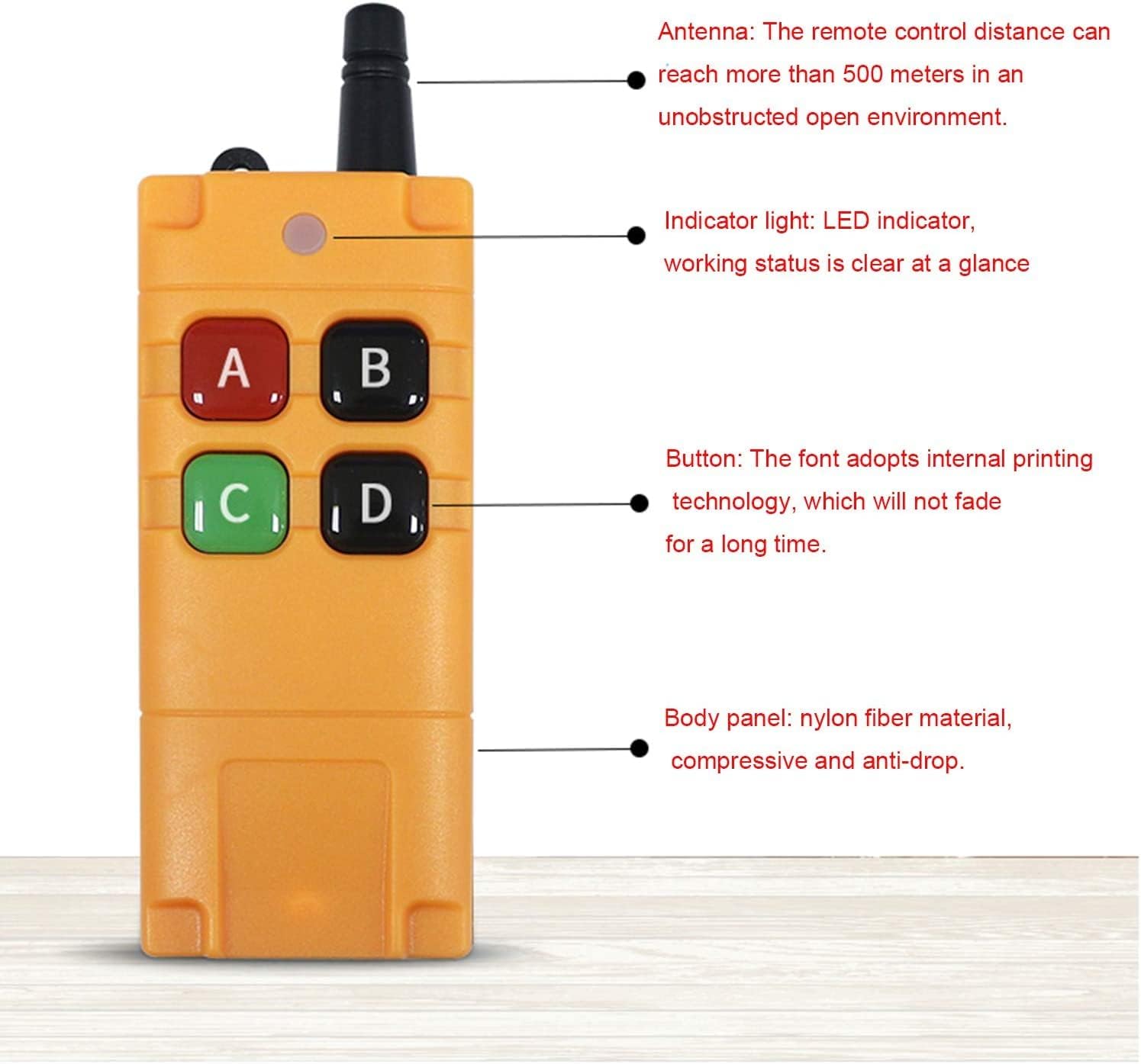 Close-up of the Kaleinavi remote control, highlighting the antenna, indicator light, and buttons labeled A, B, C, D.