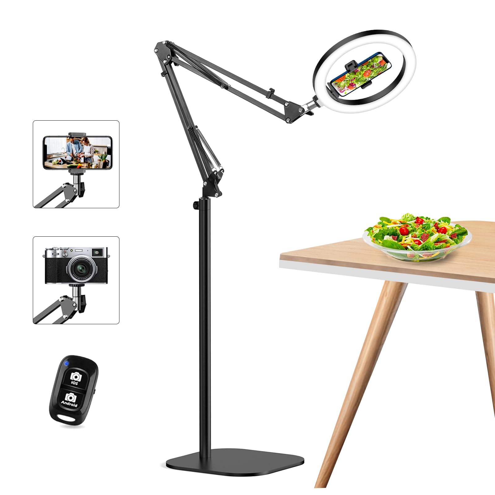 Overhead Phone Mount, 10" Ring Light with Stand and Phone Holder, Tripod for iPhone with Ring Light - Tall 70inches, Phone Light for Video Recording Filming Steaming Podcast - CRI>95