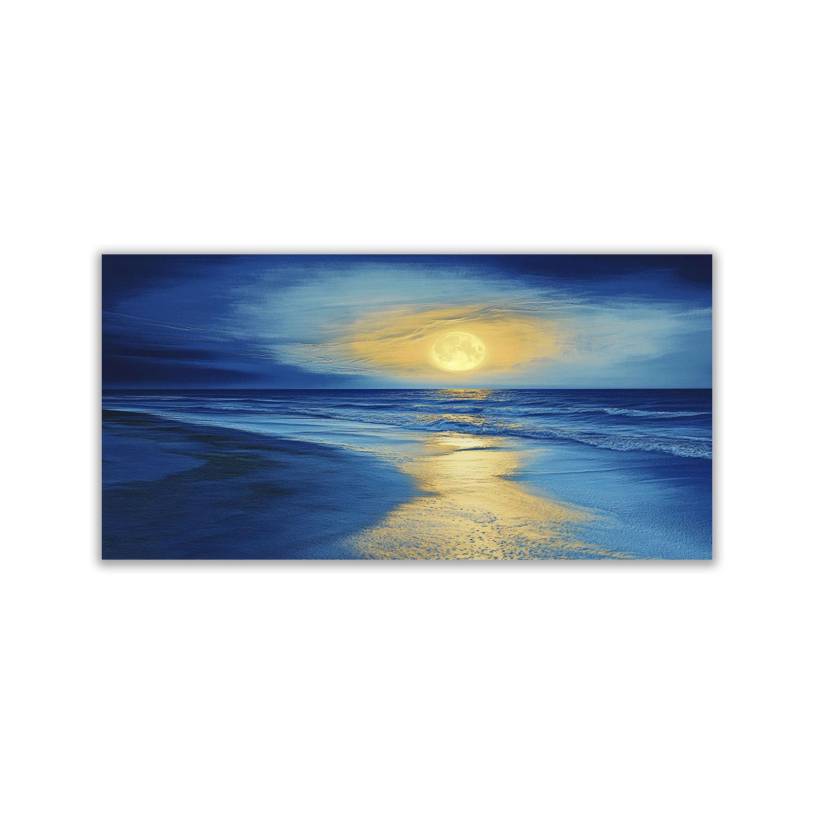 WIKEO Beach Pictures on Canvas Wall Art Beach Scenery At Night Modern Prints Seaview Landscape Artwork - for Living Room Bedroom Home Office Wall Decoration(Blue 2)-70x140cm Unframed