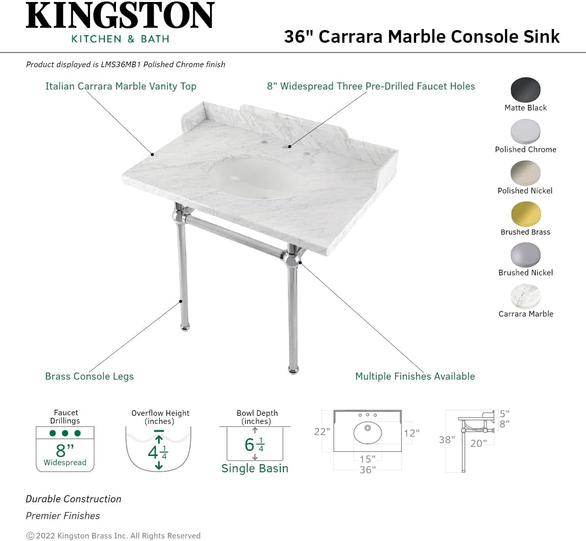 Kingston Brass LMS36MB6 Pemberton 36" Carrara Marble Console Sink with Brass Legs, Marble White/Polished Nickel