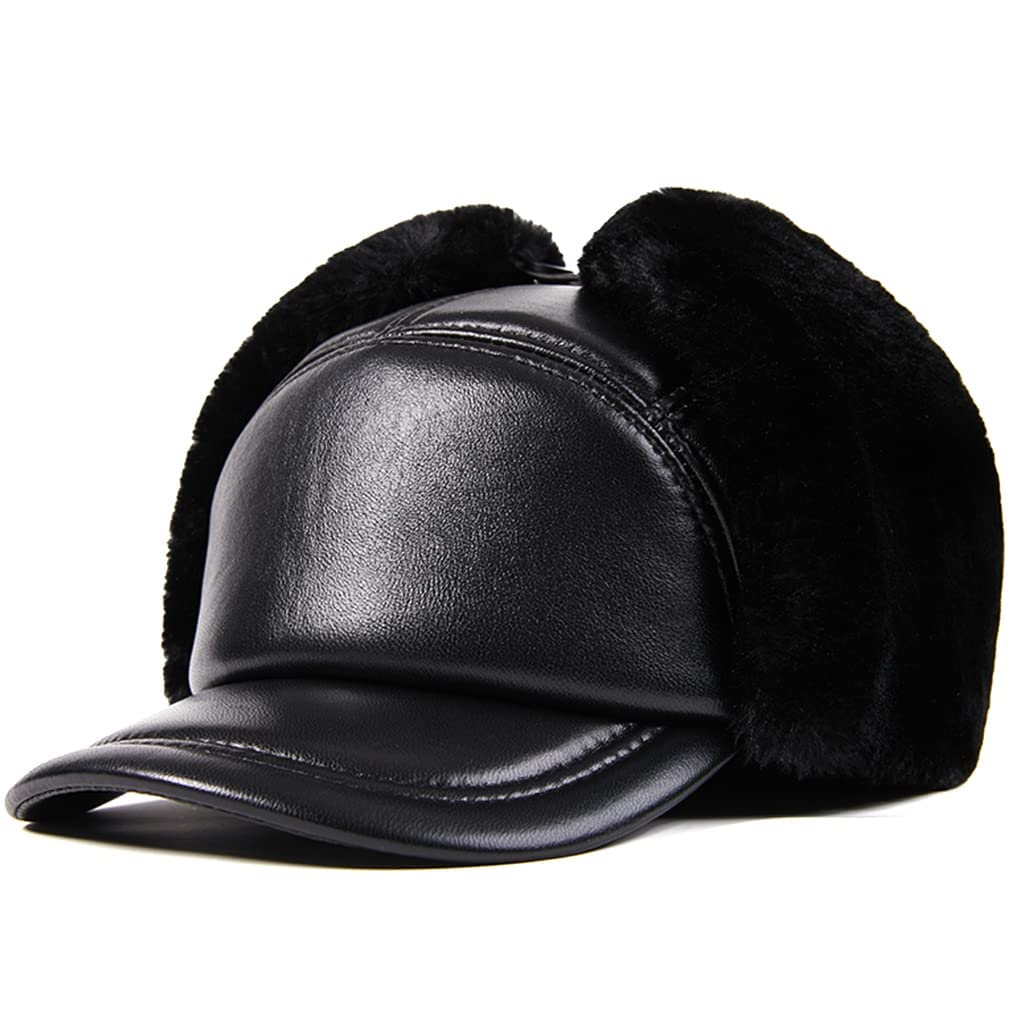 Amazon.com: UMJIGF Leather Ear Flap Cap Hats Men Black Warm Hat