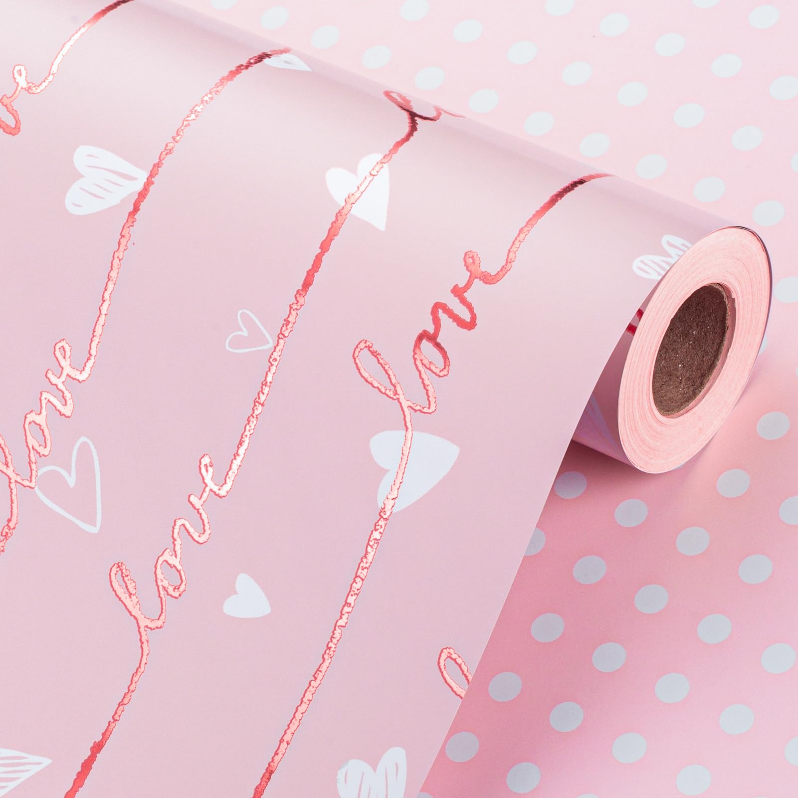 Wikadlik Pink Wrapping Paper Roll - Love Lettering Heart Metallic Gold Shine Cute Polka Dots Gift Wrap Paper for Valentines Day, Wedding, Birthday - 43cm x 10m — image 1