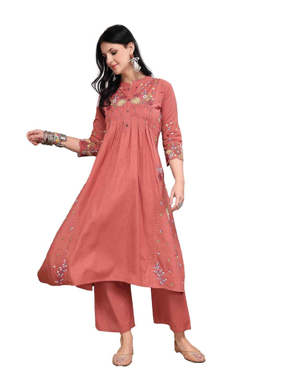 stylum Women's Blush Solid & Embroidered Cotton A-Line Kurta Pant Set-picture-45