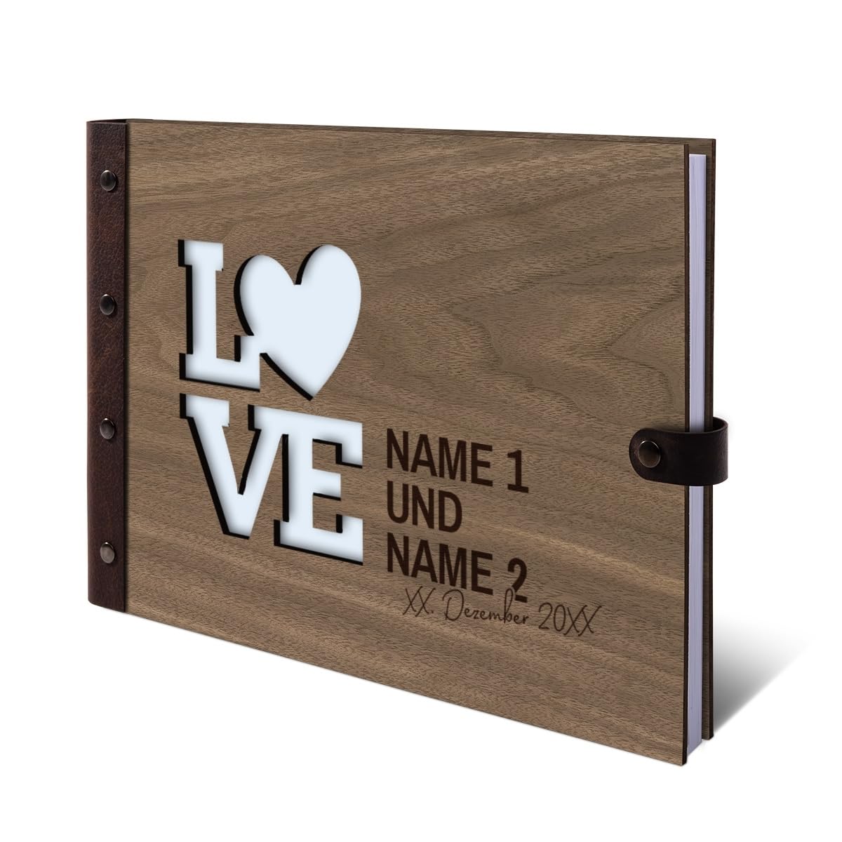 Personalisiertes Hochzeit Gästebuch echtes Holz DIN A4 Hochzeitsbuch mit Lasergravur - Love - mit 72 Blatt / 144 Seiten Naturpapier Weiß