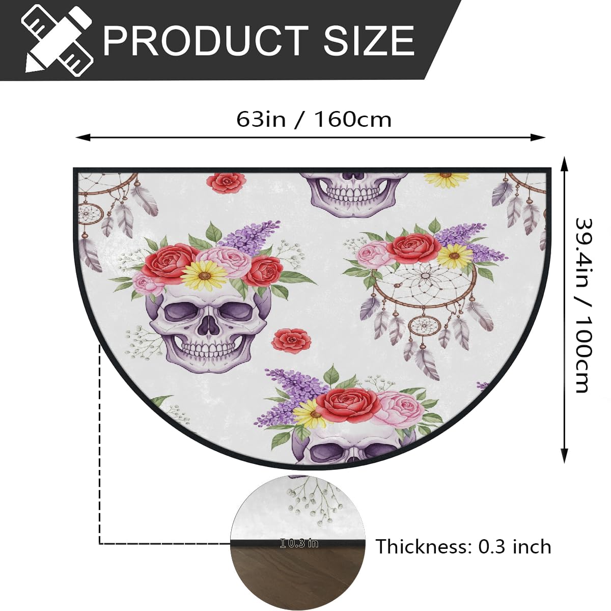 Große halbrunde Fußmatte – Boho-Totenkopf-Blumenmuster, waschbar, rutschfest, halbrund, Eingangsbereich, niedlich, weich, halbrund, saugfähig, Teppich für Küche, Badezimmer, Schlafzimmer, 160