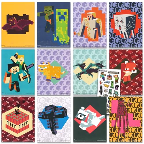 Mini Minecraft Posters for Kids - Video Game Wall Art Bundle Includes 12 Mini Room Posters (4' x 6'), Stickers, More | Minecraft Decorations