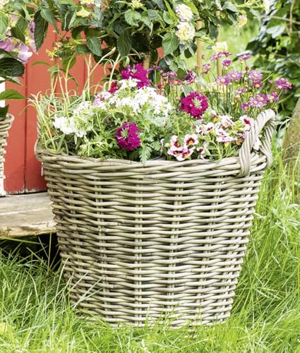Dekoleidenschaft Rattan Pflanzkorb Rustikal rund Ø 45x40 cm groß, grau, Outdoor Blumentopf, Pflanzkübel, Pflanztopf für Draußen, Blumenkübel