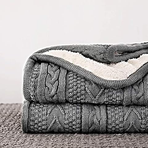 Longhui bedding Acrylic Cable Knit Sherpa Throw Blanket - Thick, Soft, Big, Cozy Grey Knitted Fleece Blankets for Couch, Sofa, Bed - 60 x 80 Inches Gray Coverlet, 5.2 Pounds Cover