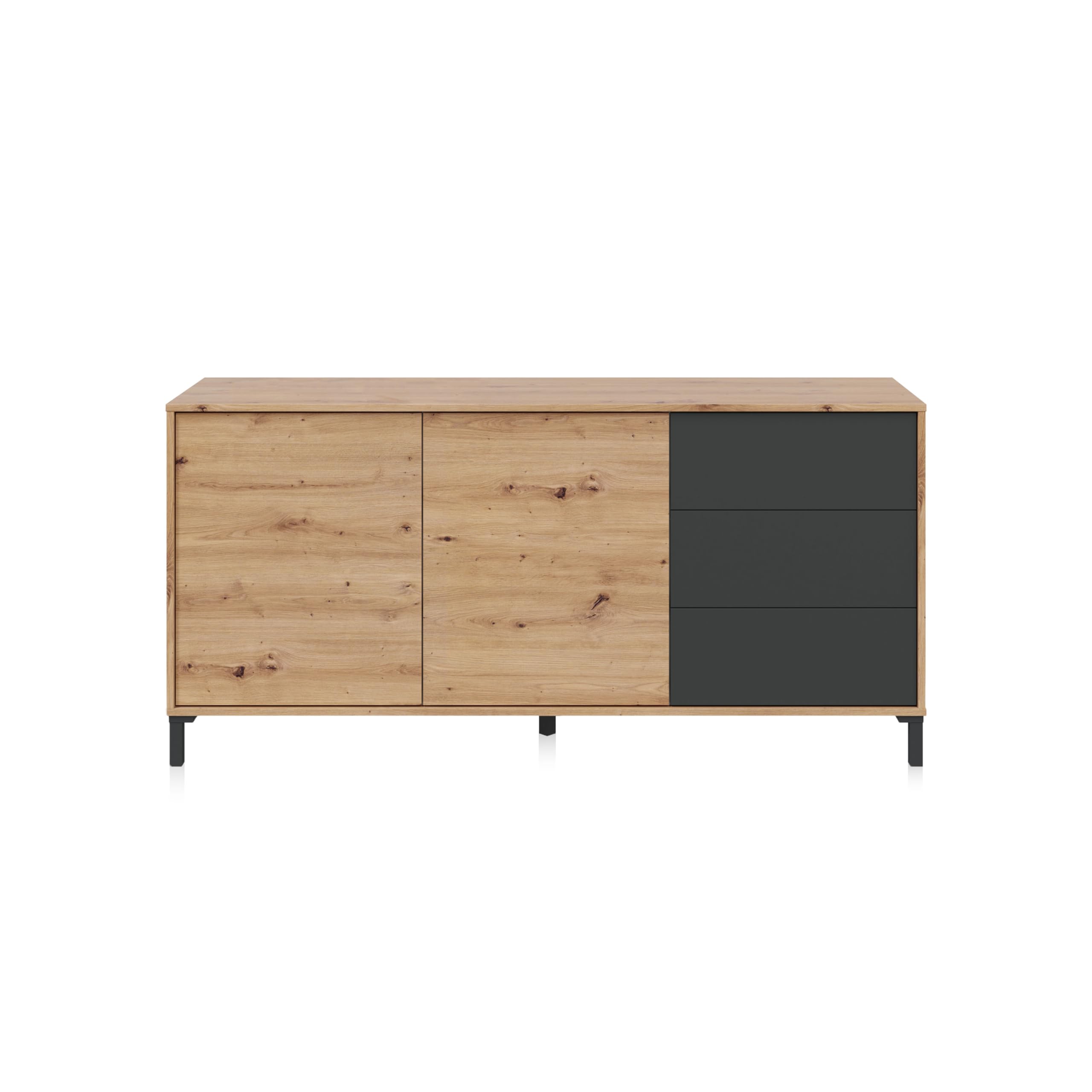 duehome | Aparador 2 Puertas y 3 Cajones, Buffet para Salon, Modelo Lea, Acabado en Color Roble Nodi y Gris Antracita, Medidas: 154 cm (Ancho) x 74 cm (Alto) x 41 cm (Fondo)