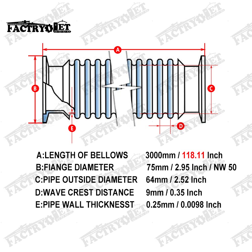 FACTRYOLET KF50 Stainless Steel 304 Vacuum Corrugated Bellows Hose, Flexible and Elastic with NW50 Flange Size. 3000mm/118.11Inch