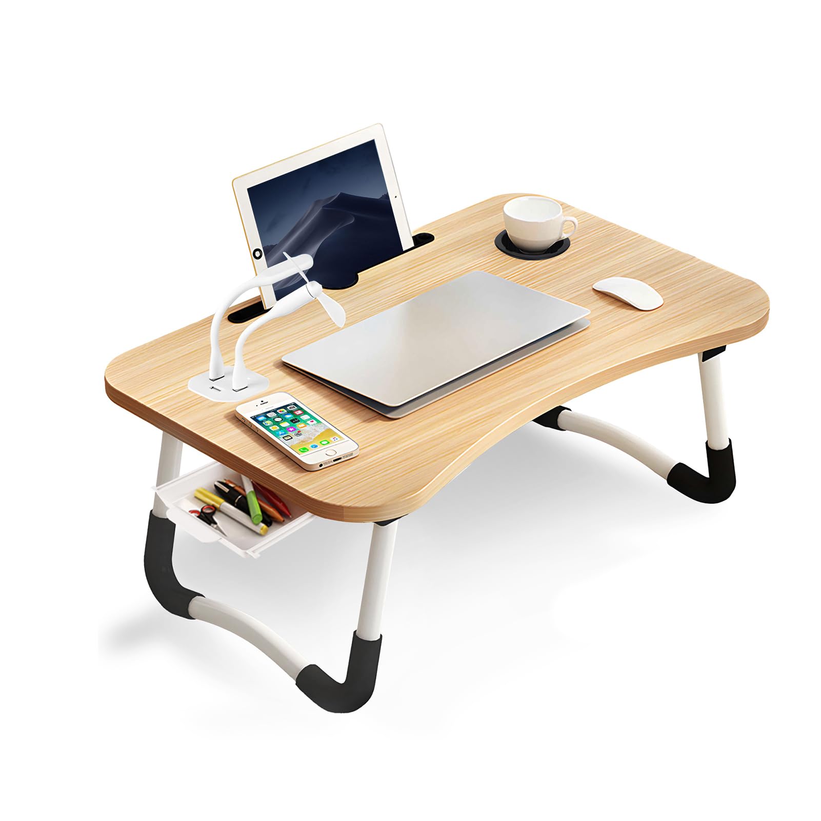 Warmiehomy Portable Laptop Desk with USB Ports, Foldable Legs & Cup Slot, Bed Table with Drawer, Small Fan & Lamp, Maple